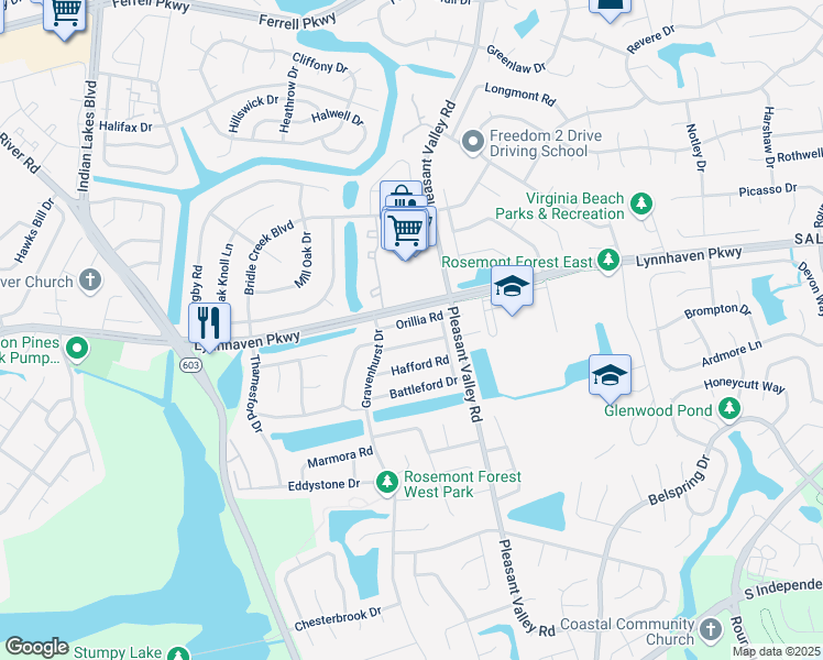 map of restaurants, bars, coffee shops, grocery stores, and more near 1366 Orillia Road in Virginia Beach