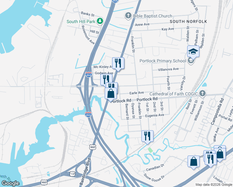 map of restaurants, bars, coffee shops, grocery stores, and more near in Chesapeake