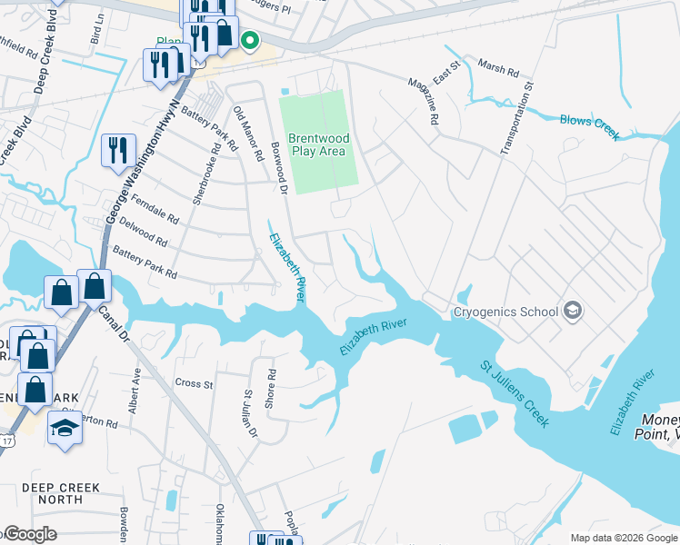 map of restaurants, bars, coffee shops, grocery stores, and more near 1249 North River Drive in Chesapeake