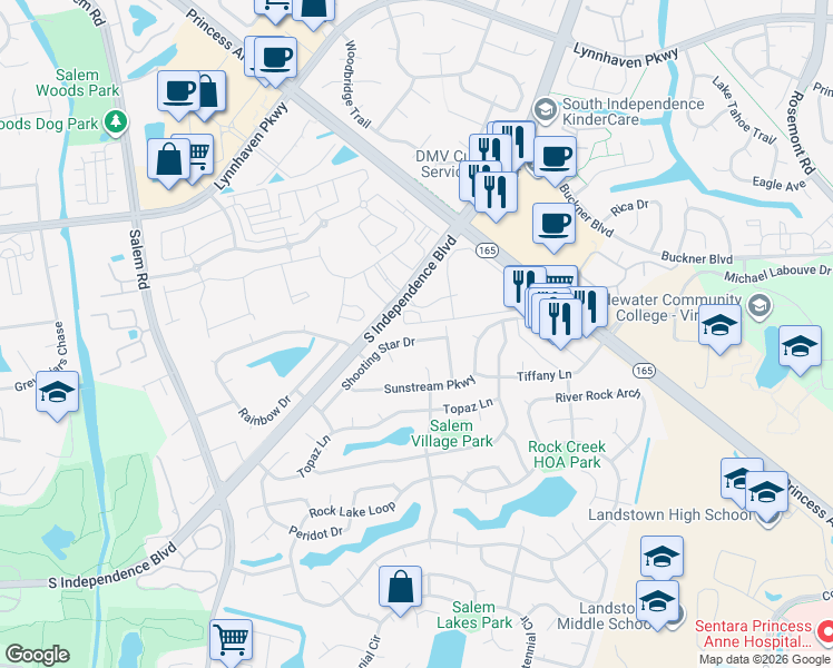 map of restaurants, bars, coffee shops, grocery stores, and more near 3828 Shooting Star Drive in Virginia Beach
