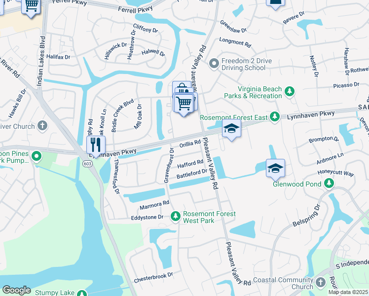 map of restaurants, bars, coffee shops, grocery stores, and more near 1366 Orillia Road in Virginia Beach