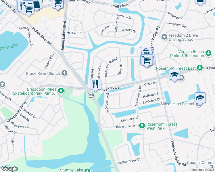 map of restaurants, bars, coffee shops, grocery stores, and more near 1575 Bridle Creek Boulevard in Virginia Beach