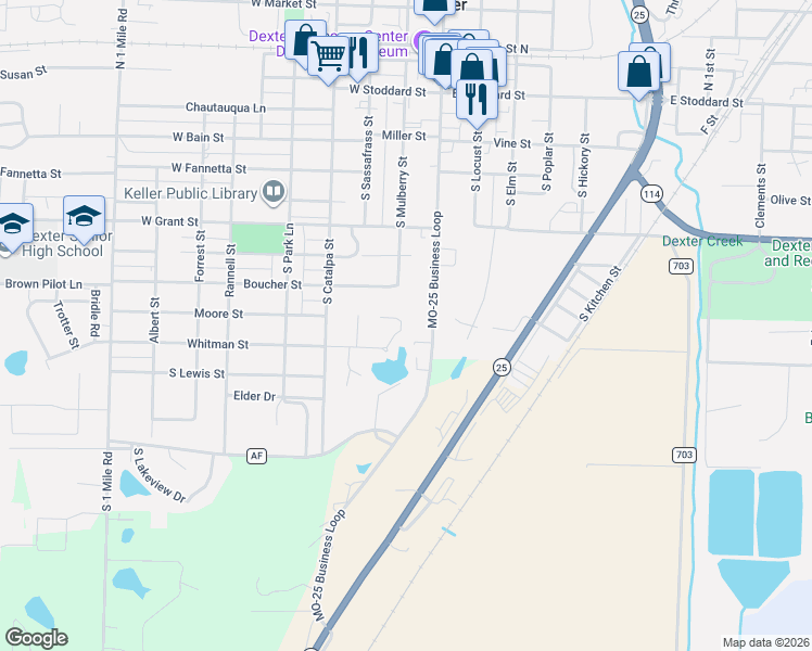 map of restaurants, bars, coffee shops, grocery stores, and more near 601 South Mulberry Street in Dexter