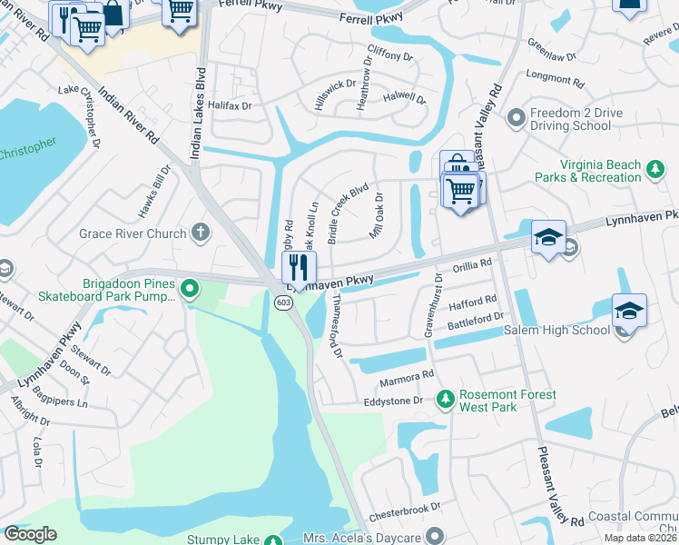 map of restaurants, bars, coffee shops, grocery stores, and more near 1575 Bridle Creek Boulevard in Virginia Beach