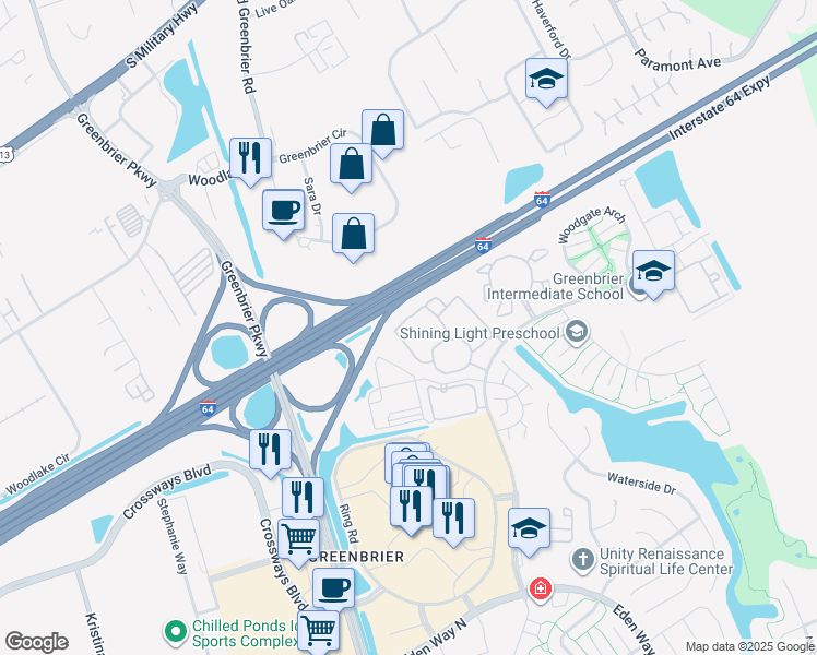map of restaurants, bars, coffee shops, grocery stores, and more near 1300 Pantigo Lane in Chesapeake