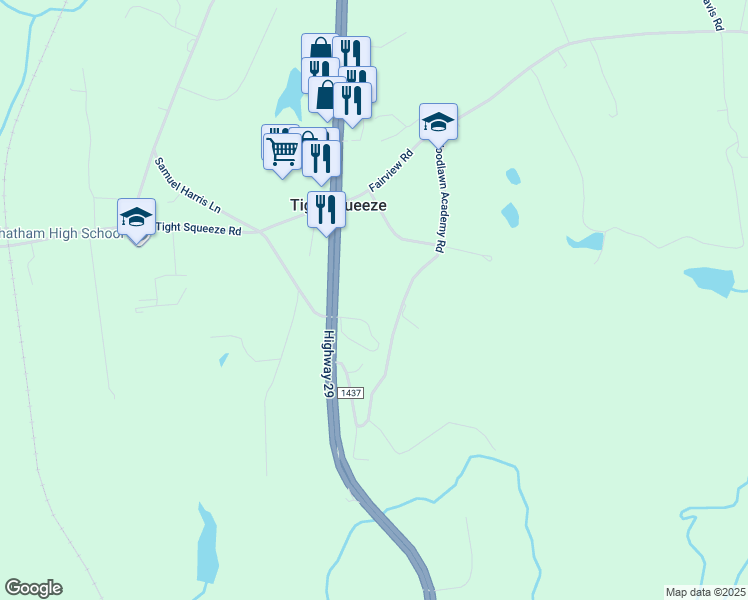 map of restaurants, bars, coffee shops, grocery stores, and more near 605 Woodlawn Academy Road in Chatham