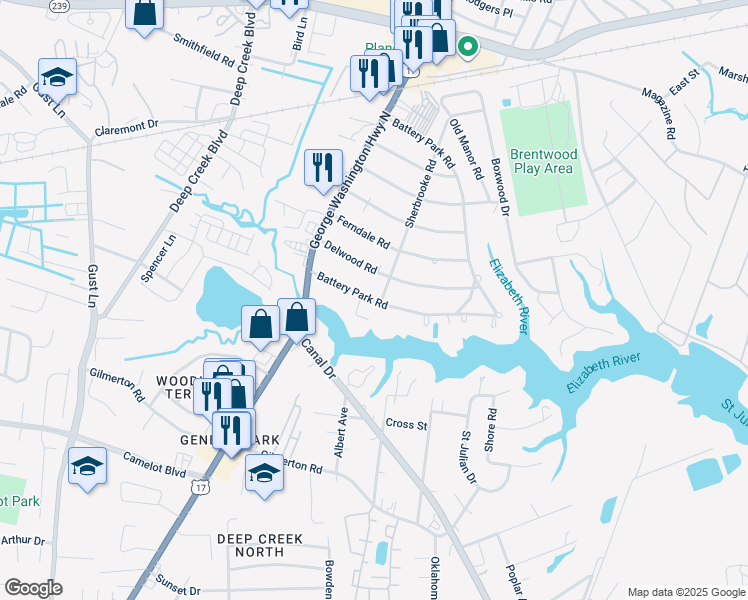 map of restaurants, bars, coffee shops, grocery stores, and more near 2302 Battery Park Road in Chesapeake