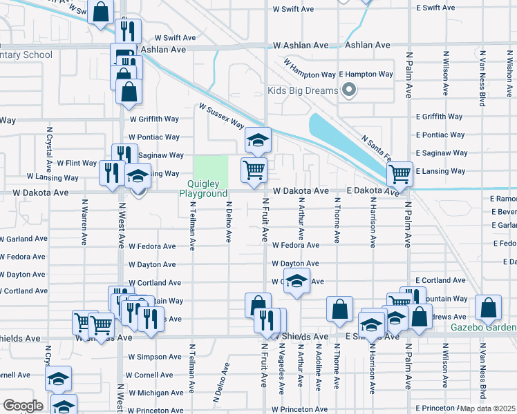 map of restaurants, bars, coffee shops, grocery stores, and more near 3749 North Fruit Avenue in Fresno