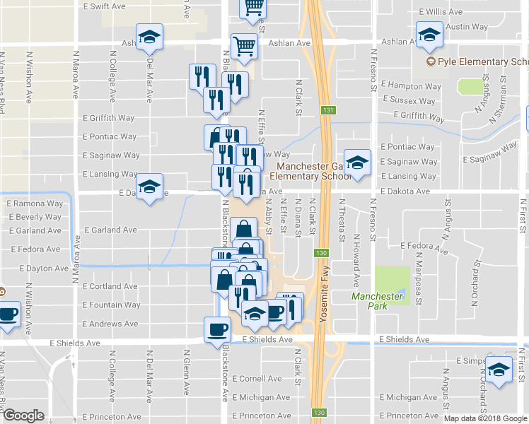 map of restaurants, bars, coffee shops, grocery stores, and more near 3769 North Abby Street in Fresno