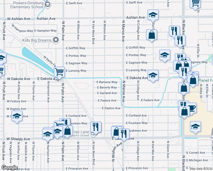 map of restaurants, bars, coffee shops, grocery stores, and more near 706 East Ramona Way in Fresno