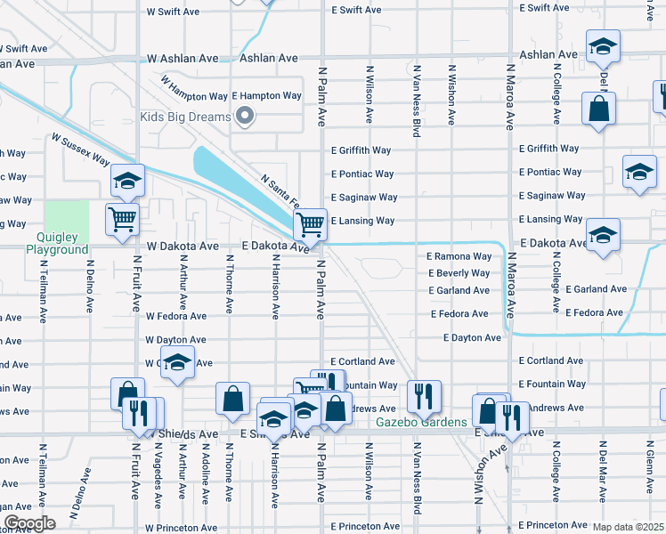 map of restaurants, bars, coffee shops, grocery stores, and more near 3728 North Palm Avenue in Fresno
