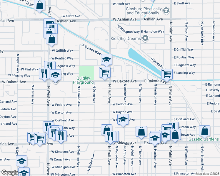 map of restaurants, bars, coffee shops, grocery stores, and more near 424 West Robinson Avenue in Fresno