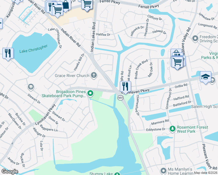 map of restaurants, bars, coffee shops, grocery stores, and more near 5001 Indian River Road in Virginia Beach