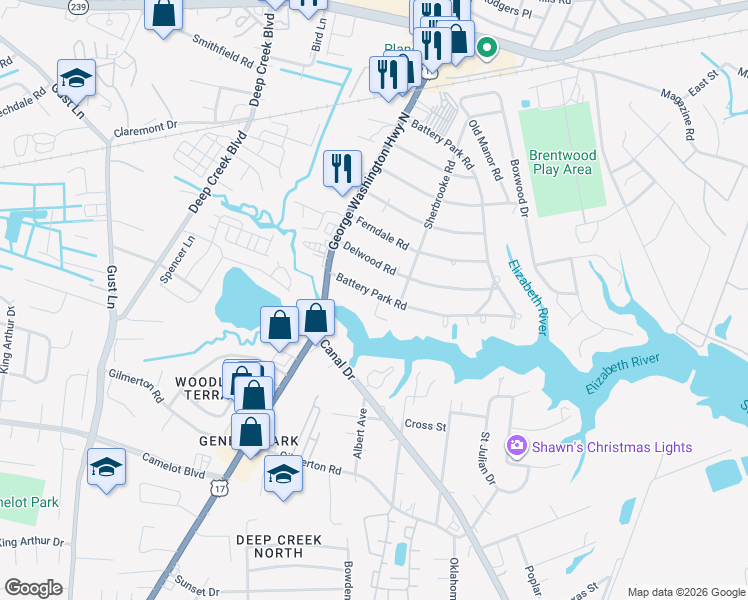 map of restaurants, bars, coffee shops, grocery stores, and more near 2308 Battery Park Road in Chesapeake