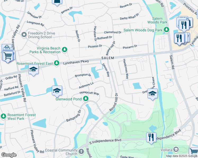 map of restaurants, bars, coffee shops, grocery stores, and more near 4624 Ardmore Lane in Virginia Beach