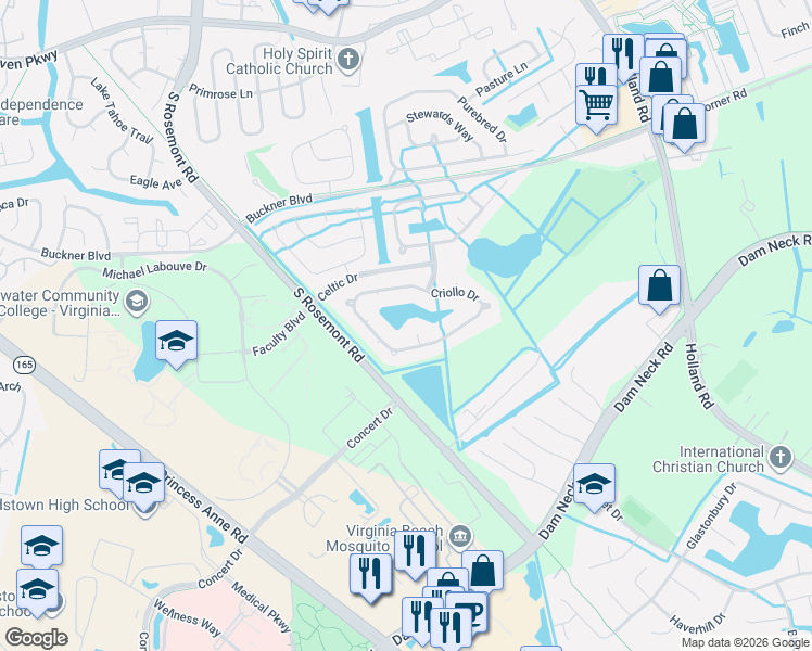 map of restaurants, bars, coffee shops, grocery stores, and more near 1605 Gelding Court in Virginia Beach