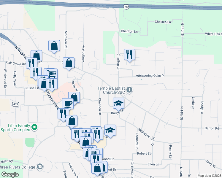 map of restaurants, bars, coffee shops, grocery stores, and more near 1920 Barron Road in Poplar Bluff