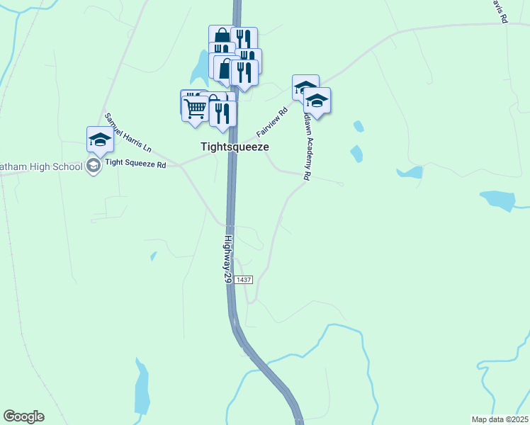 map of restaurants, bars, coffee shops, grocery stores, and more near 605 Woodlawn Academy Road in Chatham