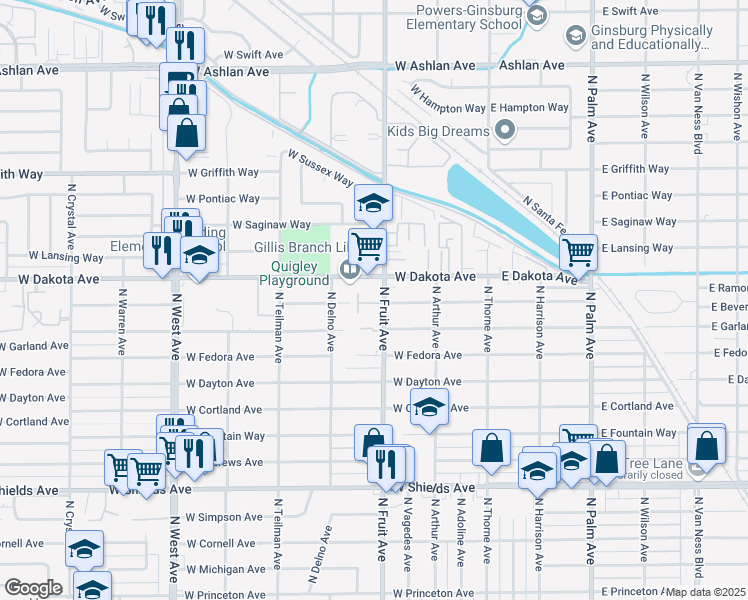 map of restaurants, bars, coffee shops, grocery stores, and more near 3749 North Fruit Avenue in Fresno