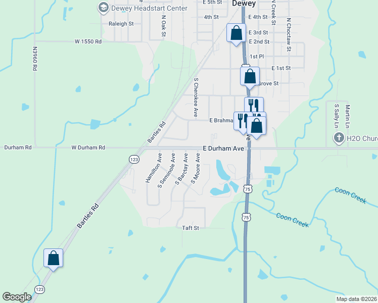map of restaurants, bars, coffee shops, grocery stores, and more near 412 South Barclay Avenue in Dewey