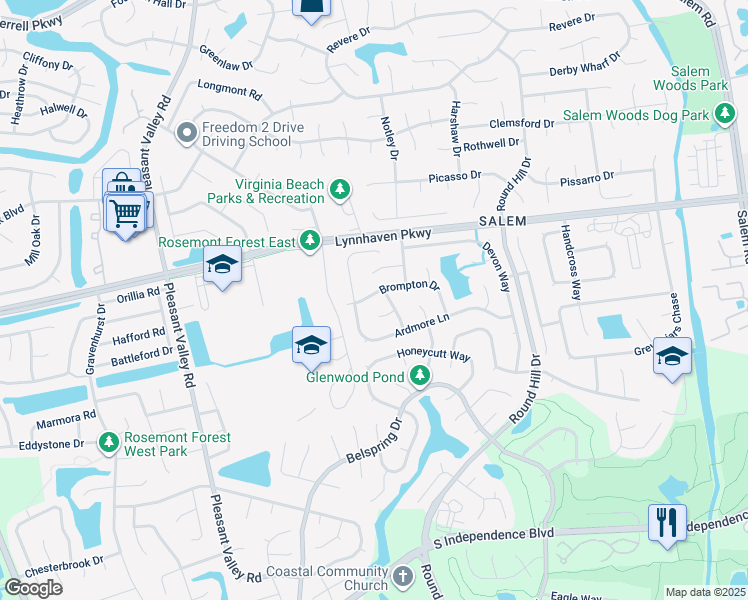 map of restaurants, bars, coffee shops, grocery stores, and more near 4759 Brompton Drive in Virginia Beach