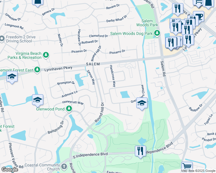 map of restaurants, bars, coffee shops, grocery stores, and more near 1816 Grey Friars Chase in Virginia Beach