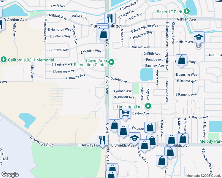 map of restaurants, bars, coffee shops, grocery stores, and more near 3660 Judy Avenue in Clovis