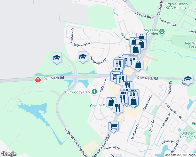 map of restaurants, bars, coffee shops, grocery stores, and more near 1501 Hubbell Court in Virginia Beach