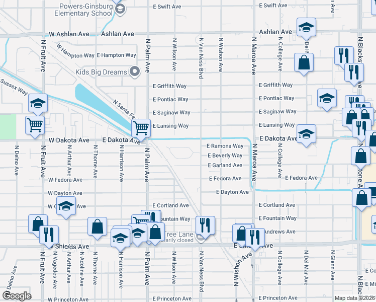 map of restaurants, bars, coffee shops, grocery stores, and more near 550 Circle Drive North in Fresno