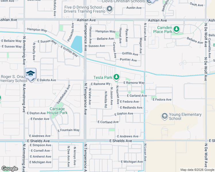 map of restaurants, bars, coffee shops, grocery stores, and more near 7135 East Ramona Way in Fresno