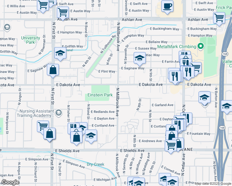 map of restaurants, bars, coffee shops, grocery stores, and more near 3712 North 7th Street in Fresno