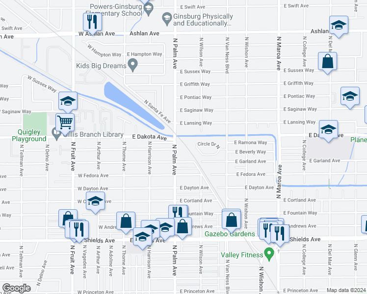 map of restaurants, bars, coffee shops, grocery stores, and more near 3728 North Palm Avenue in Fresno