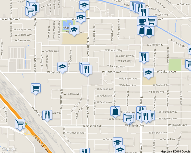 map of restaurants, bars, coffee shops, grocery stores, and more near 1919 West Dakota Avenue in Fresno