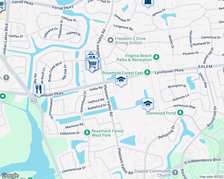 map of restaurants, bars, coffee shops, grocery stores, and more near 1206 Naxera Circle in Virginia Beach