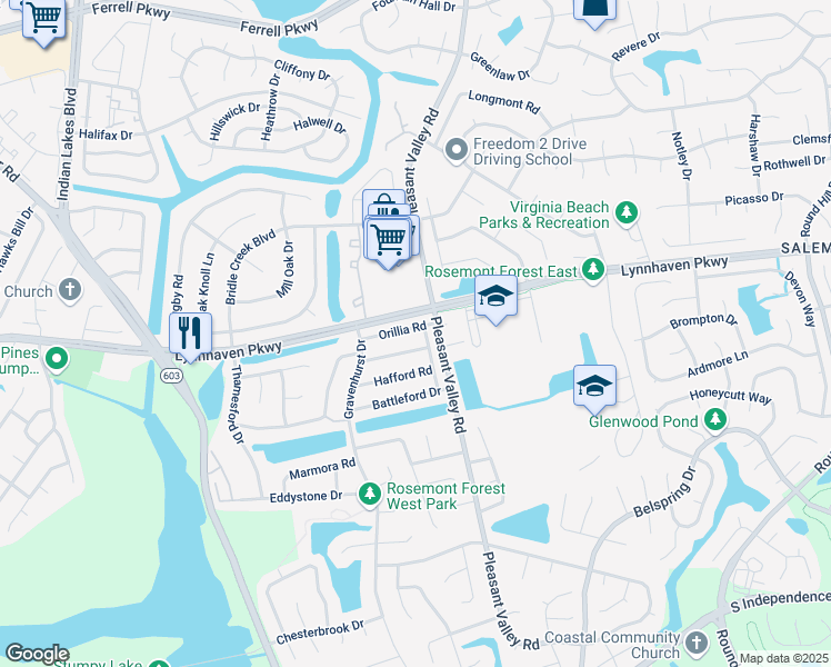 map of restaurants, bars, coffee shops, grocery stores, and more near 1319 Orillia Road in Virginia Beach