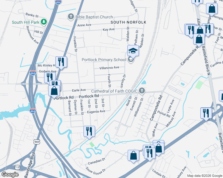 map of restaurants, bars, coffee shops, grocery stores, and more near 4011 Fourth Street in Chesapeake