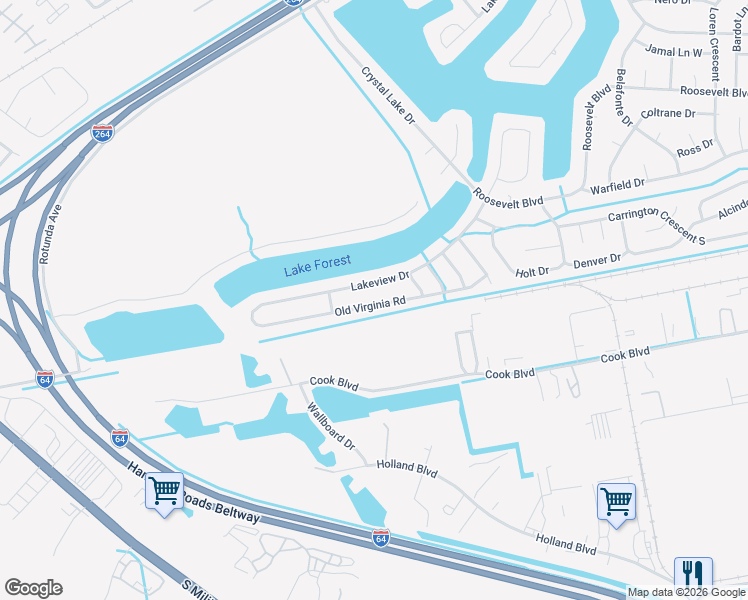 map of restaurants, bars, coffee shops, grocery stores, and more near 4024 Old Virginia Road in Chesapeake