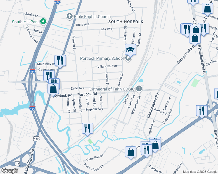 map of restaurants, bars, coffee shops, grocery stores, and more near 4011 Fourth Street in Chesapeake