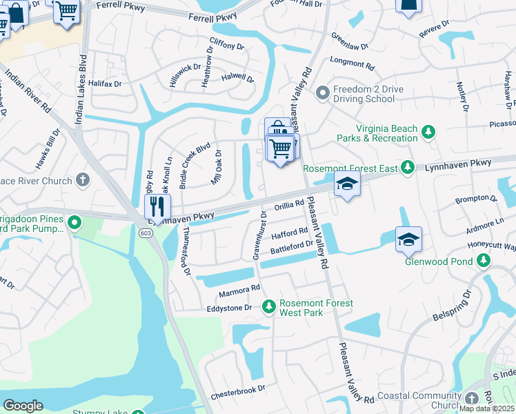 map of restaurants, bars, coffee shops, grocery stores, and more near 1701 Gravenhurst Drive in Virginia Beach