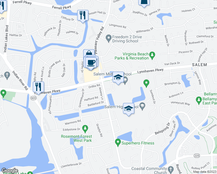 map of restaurants, bars, coffee shops, grocery stores, and more near 1206 Naxera Circle in Virginia Beach