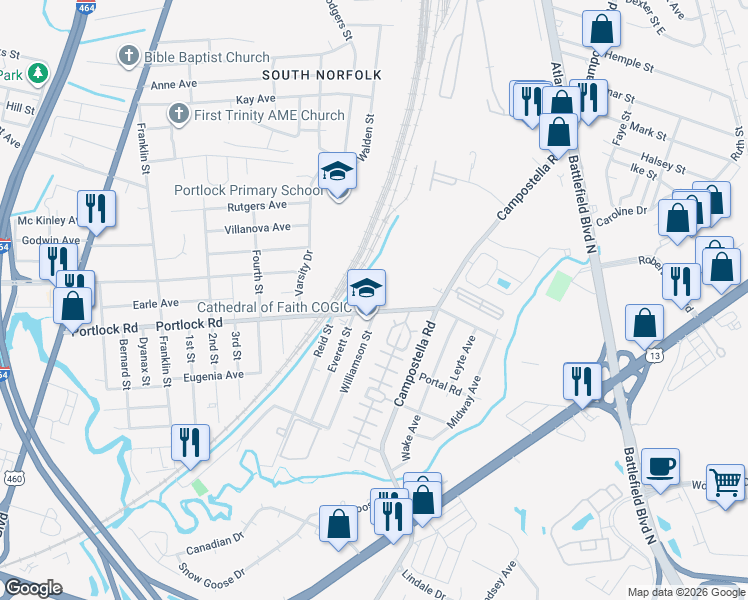 map of restaurants, bars, coffee shops, grocery stores, and more near 1816 Warfield St in Chesapeake