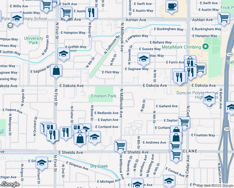 map of restaurants, bars, coffee shops, grocery stores, and more near 3755 North Millbrook Avenue in Fresno