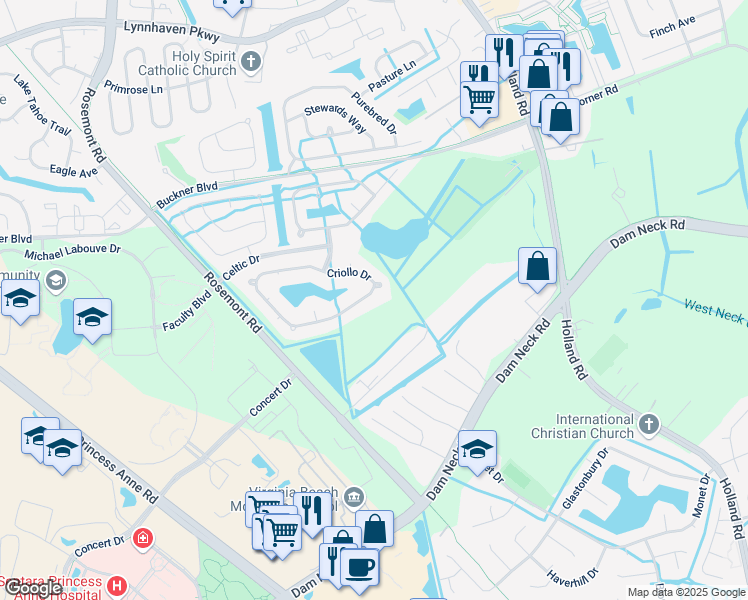 map of restaurants, bars, coffee shops, grocery stores, and more near 3700 Criollo Drive in Virginia Beach