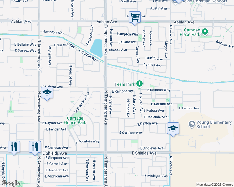 map of restaurants, bars, coffee shops, grocery stores, and more near 7057 East Ramona Way in Fresno