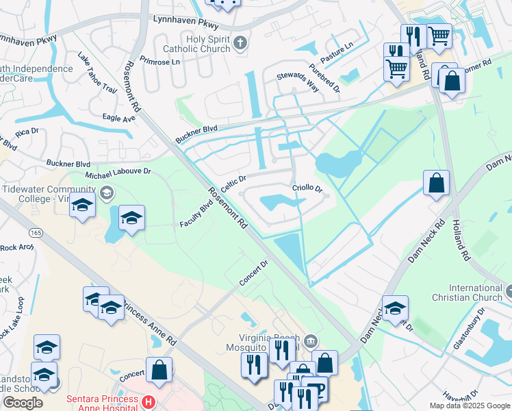 map of restaurants, bars, coffee shops, grocery stores, and more near 3593 Criollo Drive in Virginia Beach