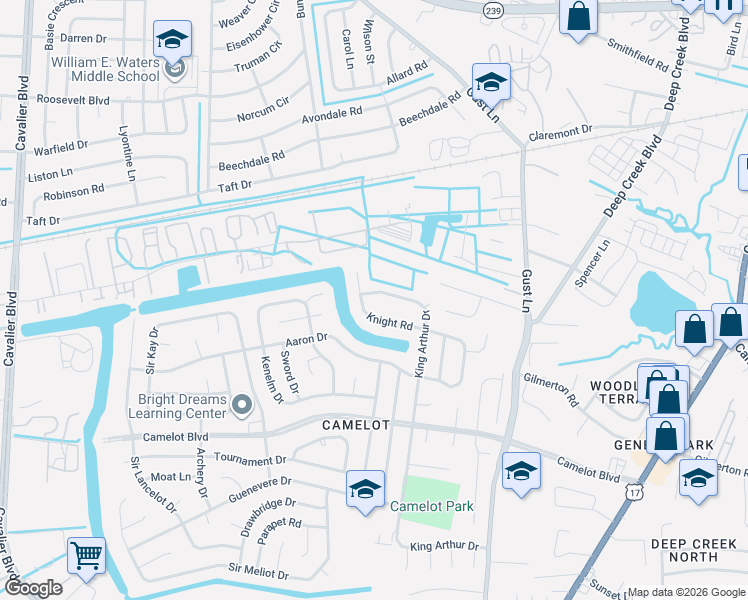 map of restaurants, bars, coffee shops, grocery stores, and more near 1352 King Arthur Dr in Chesapeake
