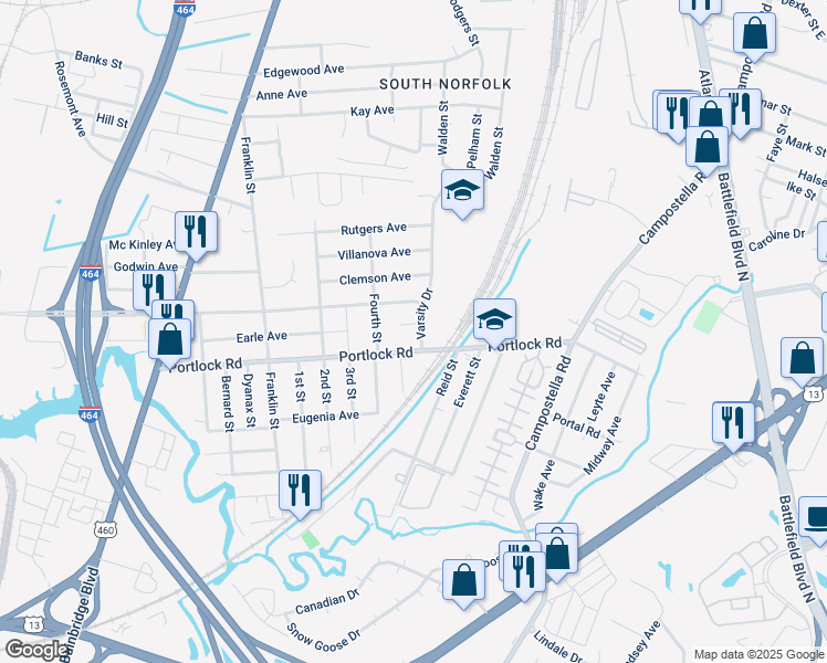 map of restaurants, bars, coffee shops, grocery stores, and more near 1808 Varsity Dr in Chesapeake