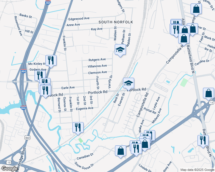 map of restaurants, bars, coffee shops, grocery stores, and more near 1808 Varsity Dr in Chesapeake