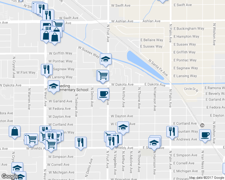 map of restaurants, bars, coffee shops, grocery stores, and more near 424 West Robinson Avenue in Fresno