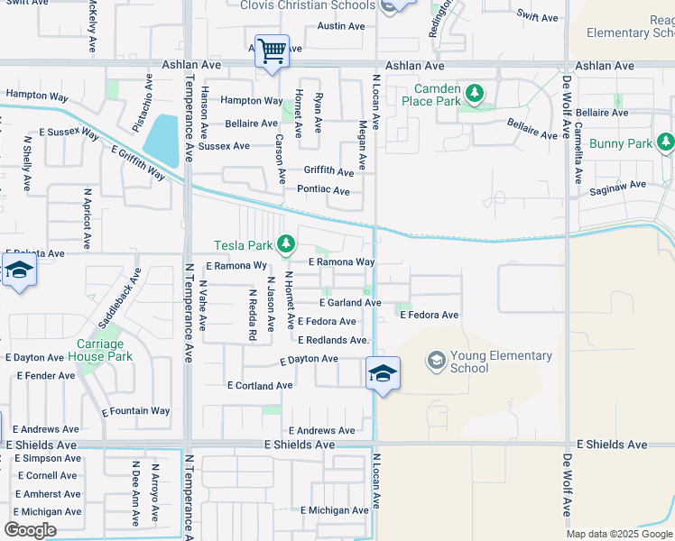 map of restaurants, bars, coffee shops, grocery stores, and more near 7452 East Giavanna Avenue in Fresno